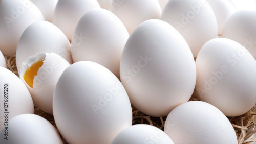 lots of white eggs, with one egg cracked open, revealing a yellow yolk