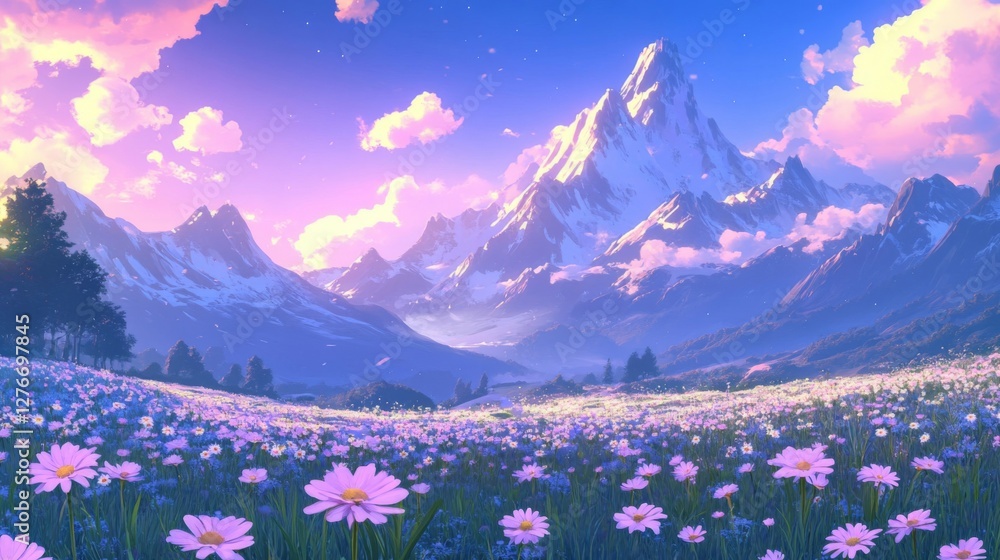 Obraz premium Majestic Mountains and a Serene Flower Field at Sunset