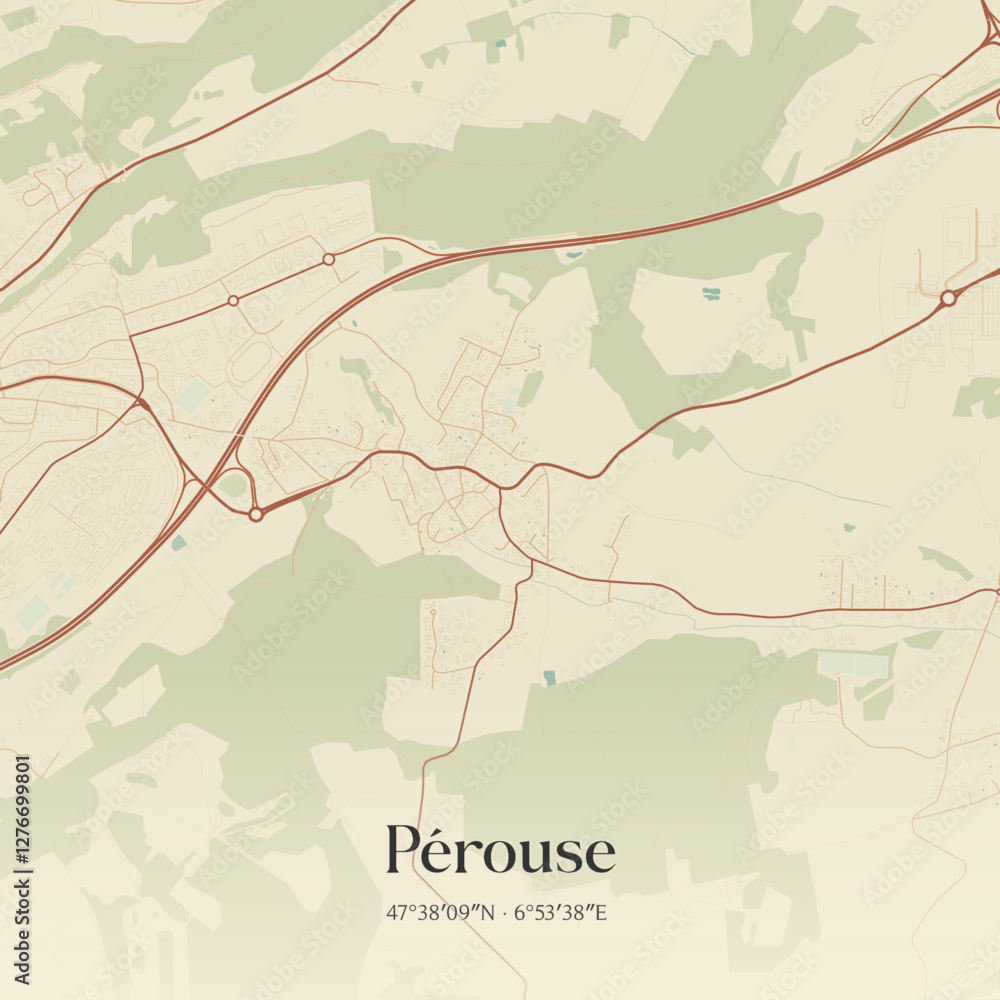 Fototapeta premium Vintage map of Pérouse, France.