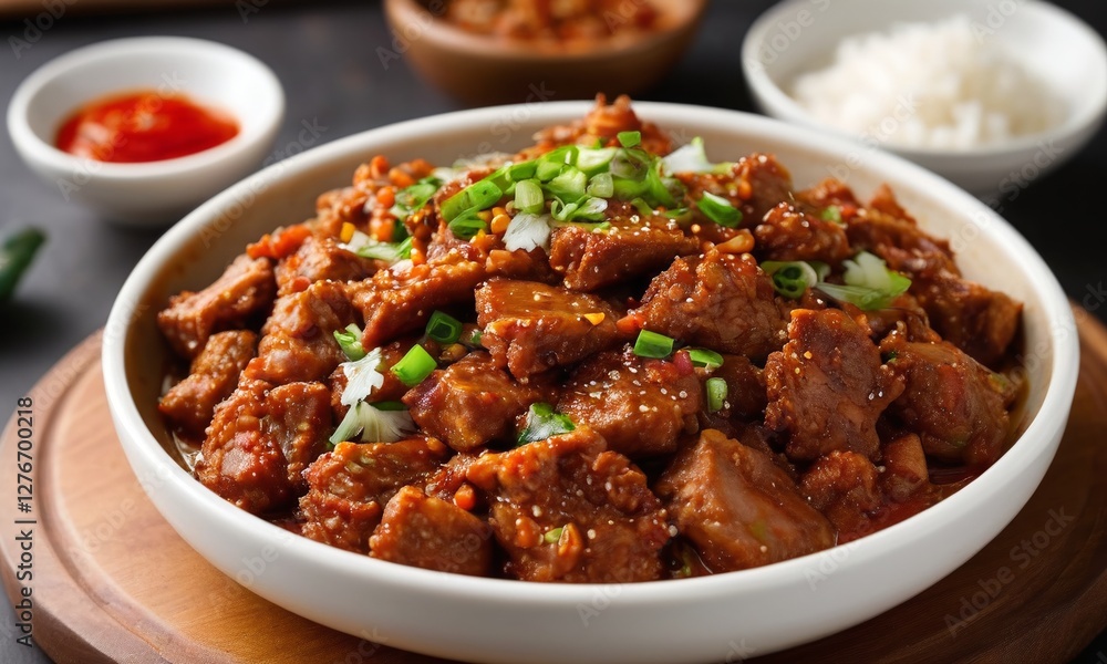Delicious Beef Dish Garnished with Herbs and Spices in Bowl Delicious Beef Dish Garnished with Herbs and Spices in Bowl