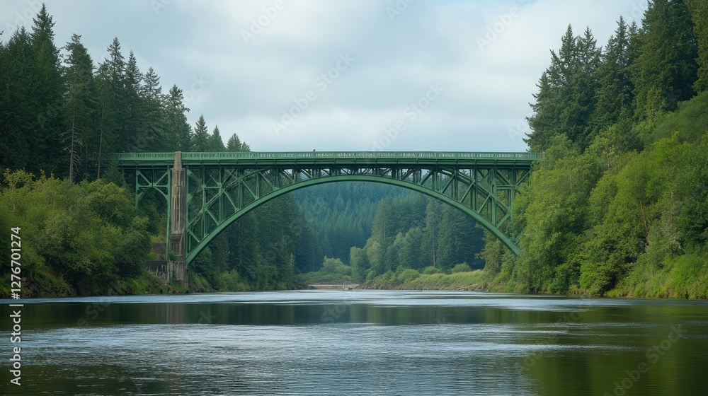 Obraz premium Green Arch Bridge Over Calm River Surrounded by Forest