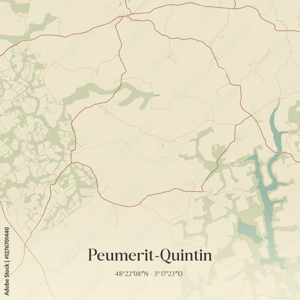 Fototapeta premium Vintage map of Peumerit-Quintin, France.