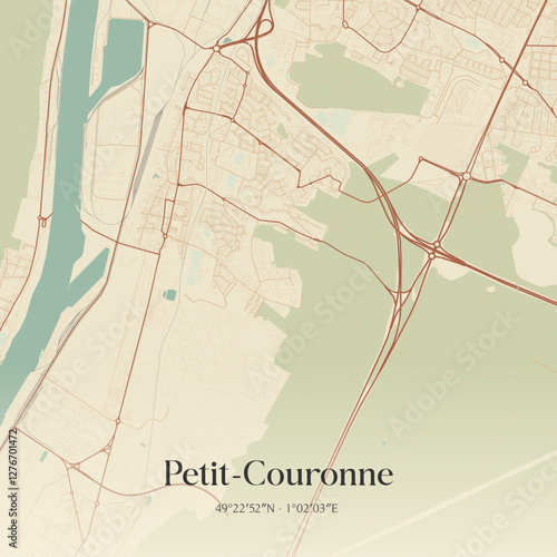 Vintage map of Petit-Couronne, France.