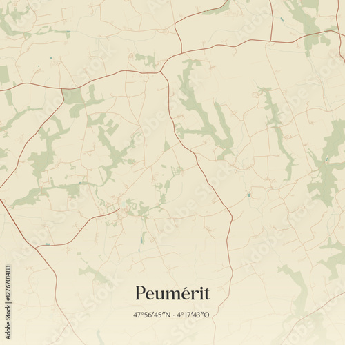 Vintage map of Peumérit, France.