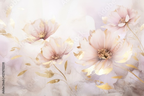 Delicate pink flowers watercolor painting with gold petals and copy space. Wedding decor art, Valentine day, Mother day, Easter, Women day romantic floral design