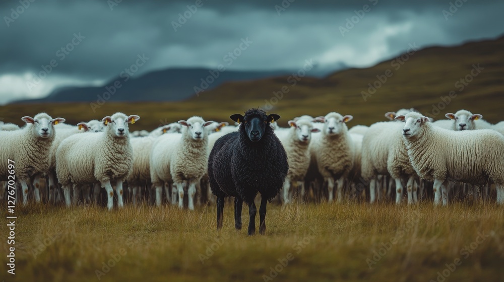 A black sheep stands out among a group of white sheep A black sheep stands out among a group of white sheep