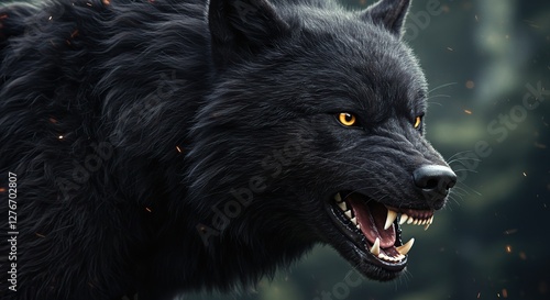 Angry Black Wolf Growling Wild Animal with Sharp Teeth Close Up