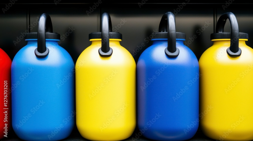 Colorful Plastic Canisters on Shelf Colorful Plastic Canisters on Shelf
