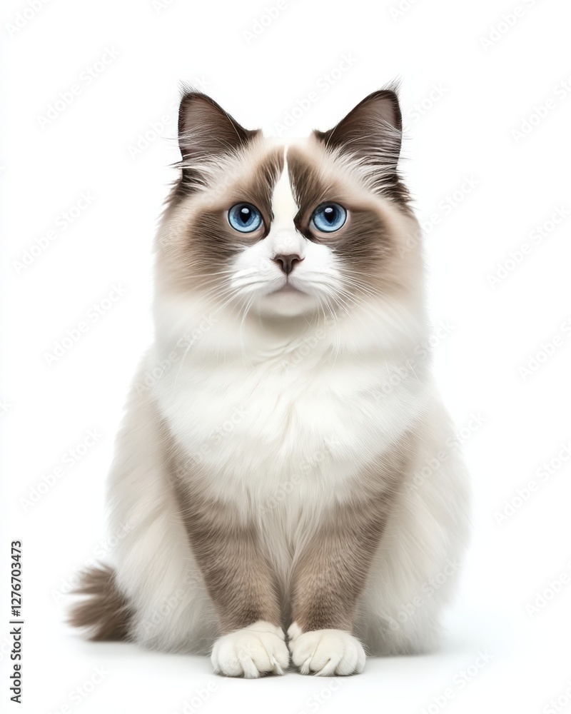 A white and brown cat with blue eyes sits on a white surface A white and brown cat with blue eyes sits on a white surface