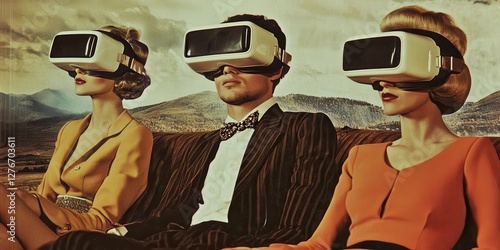 Retro-styled illustration of vintage people wearing virtual reality headsets, emphasizing the contrast between the old times and the new.