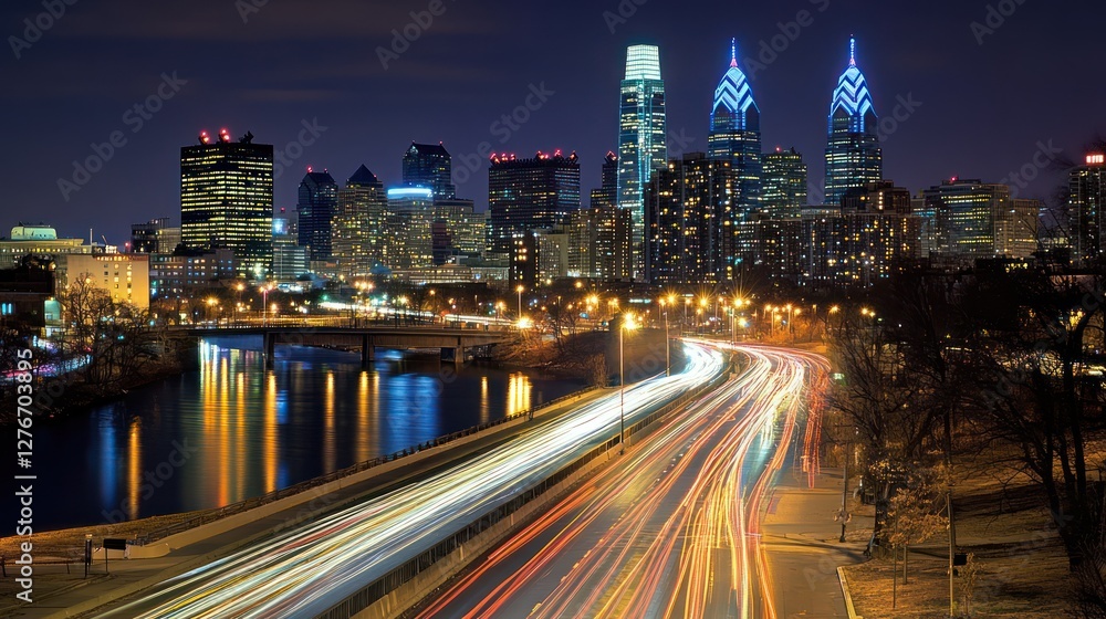 Fototapeta premium Nighttime cityscape with light trails and skyline
