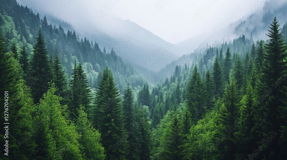 Fototapeta premium A rugged mountain wilderness covered in lush green pine trees.