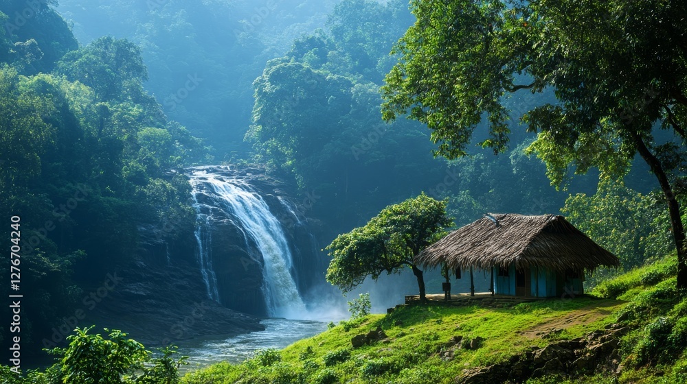 A scenic view of a small hut near Athirappilly waterfalls, Kerala. A scenic view of a small hut near Athirappilly waterfalls, Kerala.