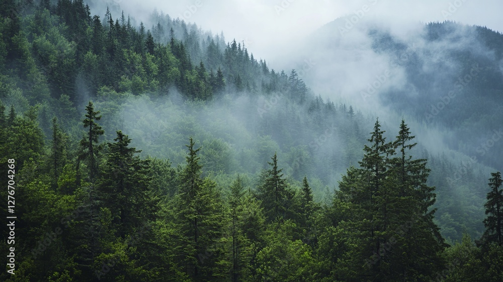 Obraz premium A rugged mountain wilderness covered in lush green pine trees. 