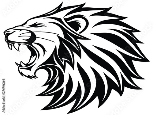 Wallpaper Mural Lion head, roaring, fierce, tribal style, black and white, stylized mane, sharp teeth, aggressive pose, side profile, graphic design, tattoo art, bold lines, abstract, dynamic, powerful, mascot logo,  Torontodigital.ca