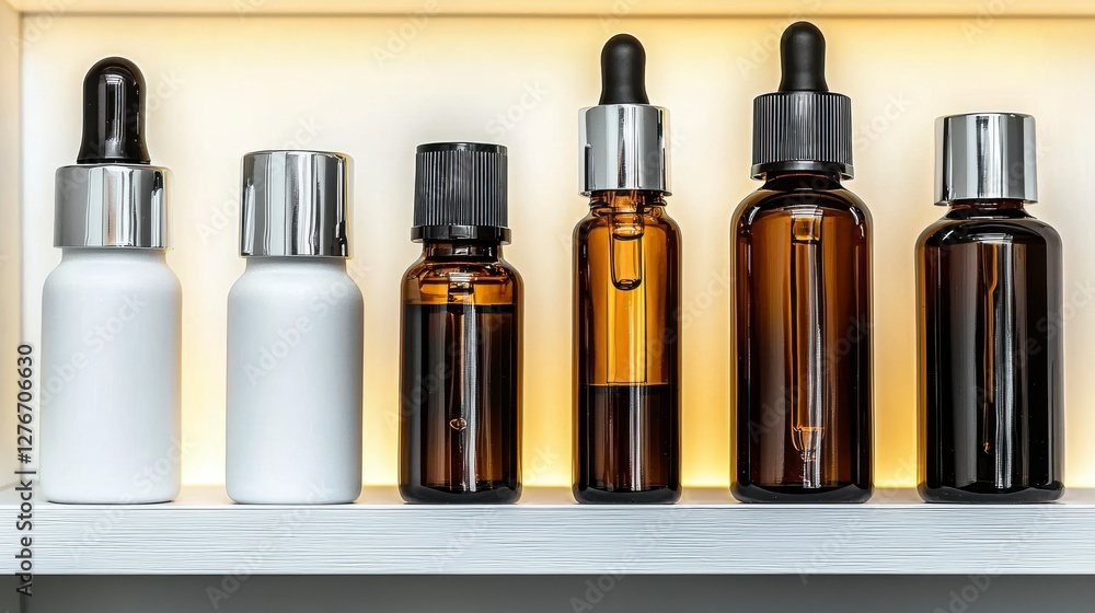 Six Glass Bottles With Dropper Tops on Shelf, Warm Lighting Six Glass Bottles With Dropper Tops on Shelf, Warm Lighting