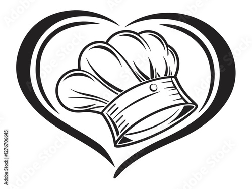 Chef's hat, heart shape, black and white, minimalist design, lineart, culinary symbol, love for cooking, kitchen emblem, professional chef logo, simple illustration, bold lines, restaurant icon,