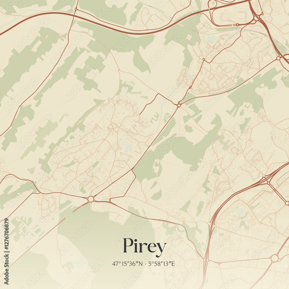 Fototapeta premium Vintage map of Pirey, France.