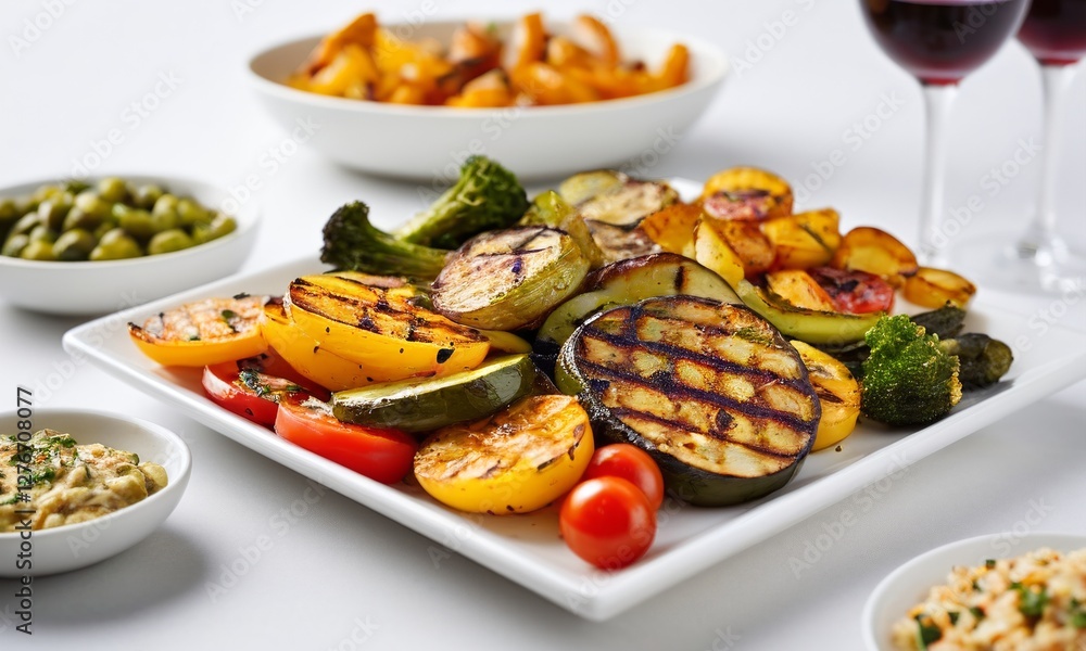 Grilled Vegetable Platter with Assorted Sides and Wine Glasses Grilled Vegetable Platter with Assorted Sides and Wine Glasses