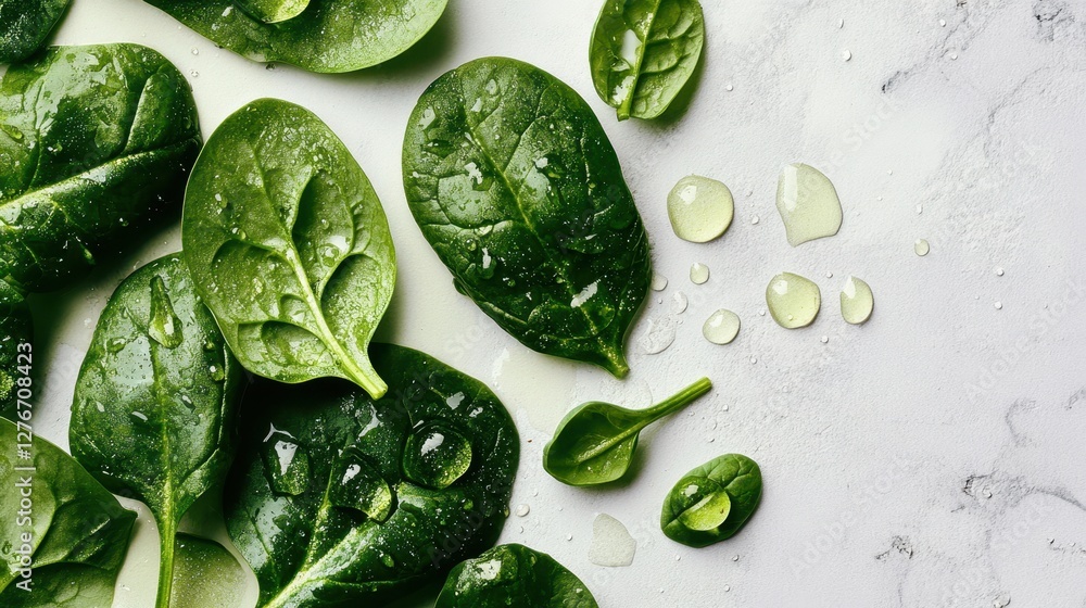 Obraz premium Fresh Spinach Delight: A close-up shot showcases vibrant green spinach leaves, glistening with water droplets, creating a visual symphony of freshness.