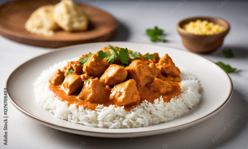 Creamy Chicken Curry with Rice and Naan on Rustic Table Setting Creamy Chicken Curry with Rice and Naan on Rustic Table Setting