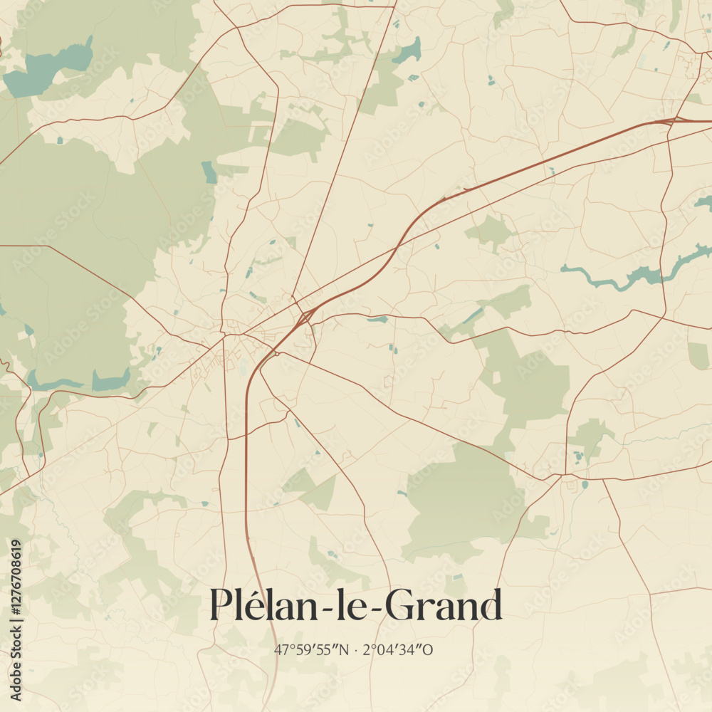 Obraz premium Vintage map of Plélan-le-Grand, France.