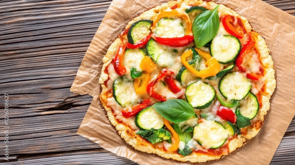 Vegetable Pizza on Parchment: A vibrant vegetable pizza, adorned with a medley of colorful bell peppers, zucchini, and fresh basil. Vegetable Pizza on Parchment: A vibrant vegetable pizza, adorned with a medley of colorful bell peppers, zucchini, and fresh basil.