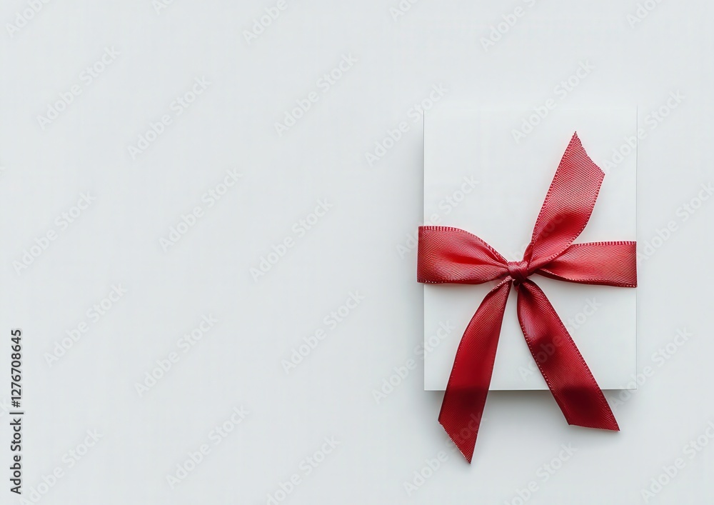 A white gift box adorned with a bright red bow set against a white background A white gift box adorned with a bright red bow set against a white background