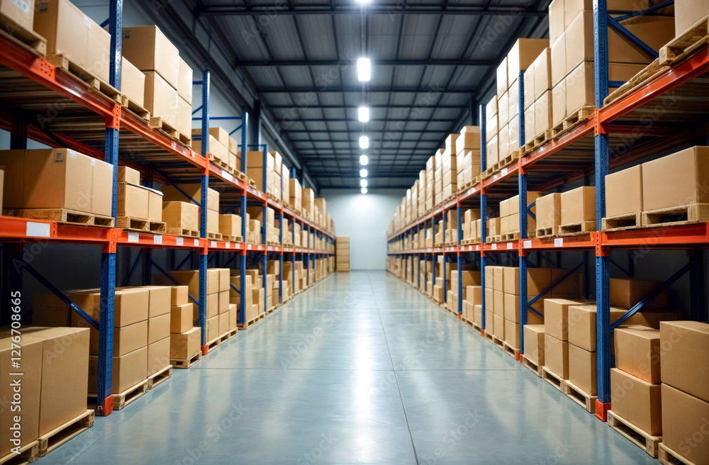 custom made wallpaper toronto digitalRows of organized shelves support cardboard boxes in a spacious warehouse. Bright overhead lights illuminate the orderly layout, highlighting the efficient storage area.