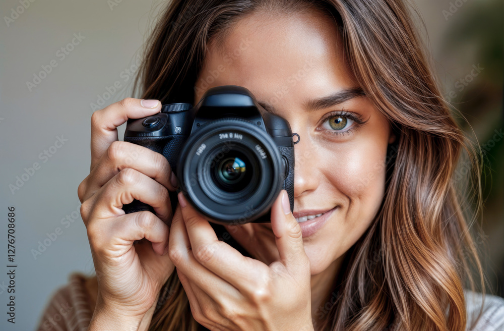 A woman with long brown hair is smiling while holding a camera in front of her face. She appears joyful and ready to capture a moment in a cozy indoor environment with natural light. A woman with long brown hair is smiling while holding a camera in front of her face. She appears joyful and ready to capture a moment in a cozy indoor environment with natural light.