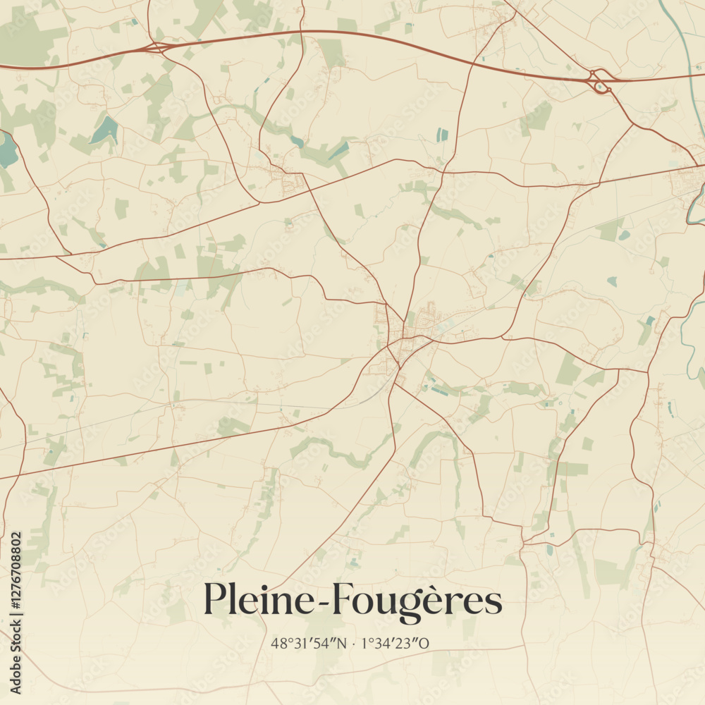 Fototapeta premium Vintage map of Pleine-Fougères, France.