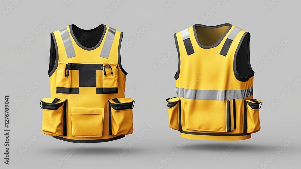 A realistic 3D modern mockup of a safety vest, showcasing fluorescent green material, reflective stripes, and a zip, ideal for traffic or worker uniforms A realistic 3D modern mockup of a safety vest, showcasing fluorescent green material, reflective stripes, and a zip, ideal for traffic or worker uniforms