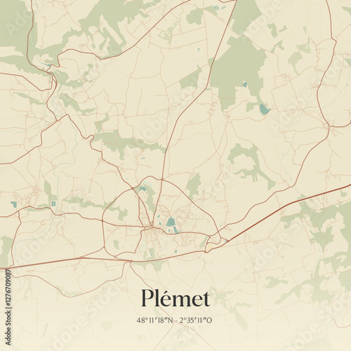 Vintage map of Plémet, France.