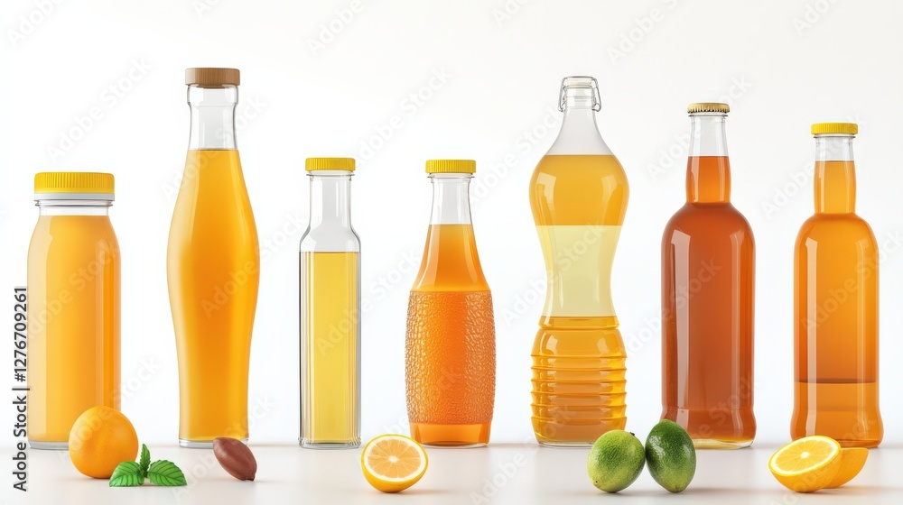 Various Bottles of Refreshing Citrus Beverages Displayed on a Clean White Background Various Bottles of Refreshing Citrus Beverages Displayed on a Clean White Background