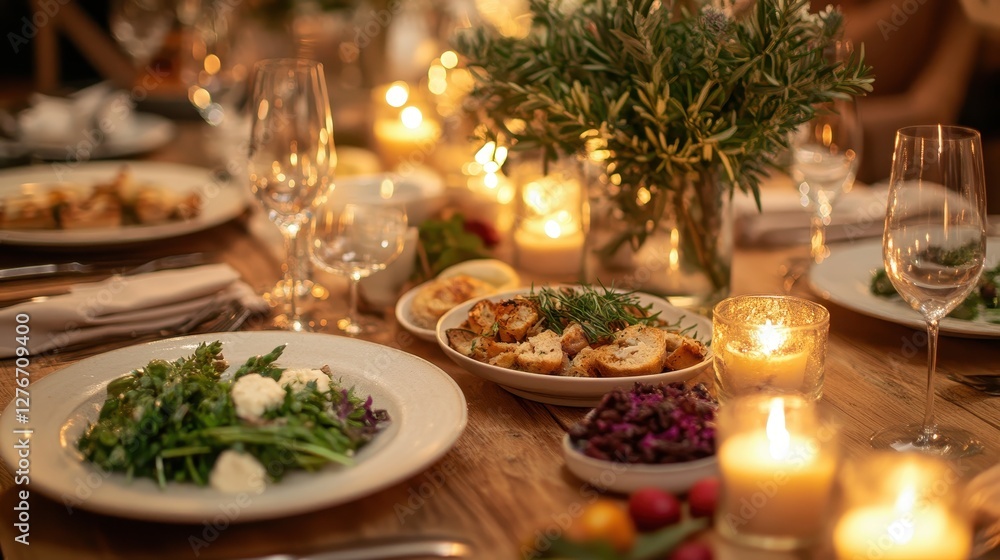 Fototapeta premium Elegant Dinner Table Setting with Delicious Food and Soft Lighting