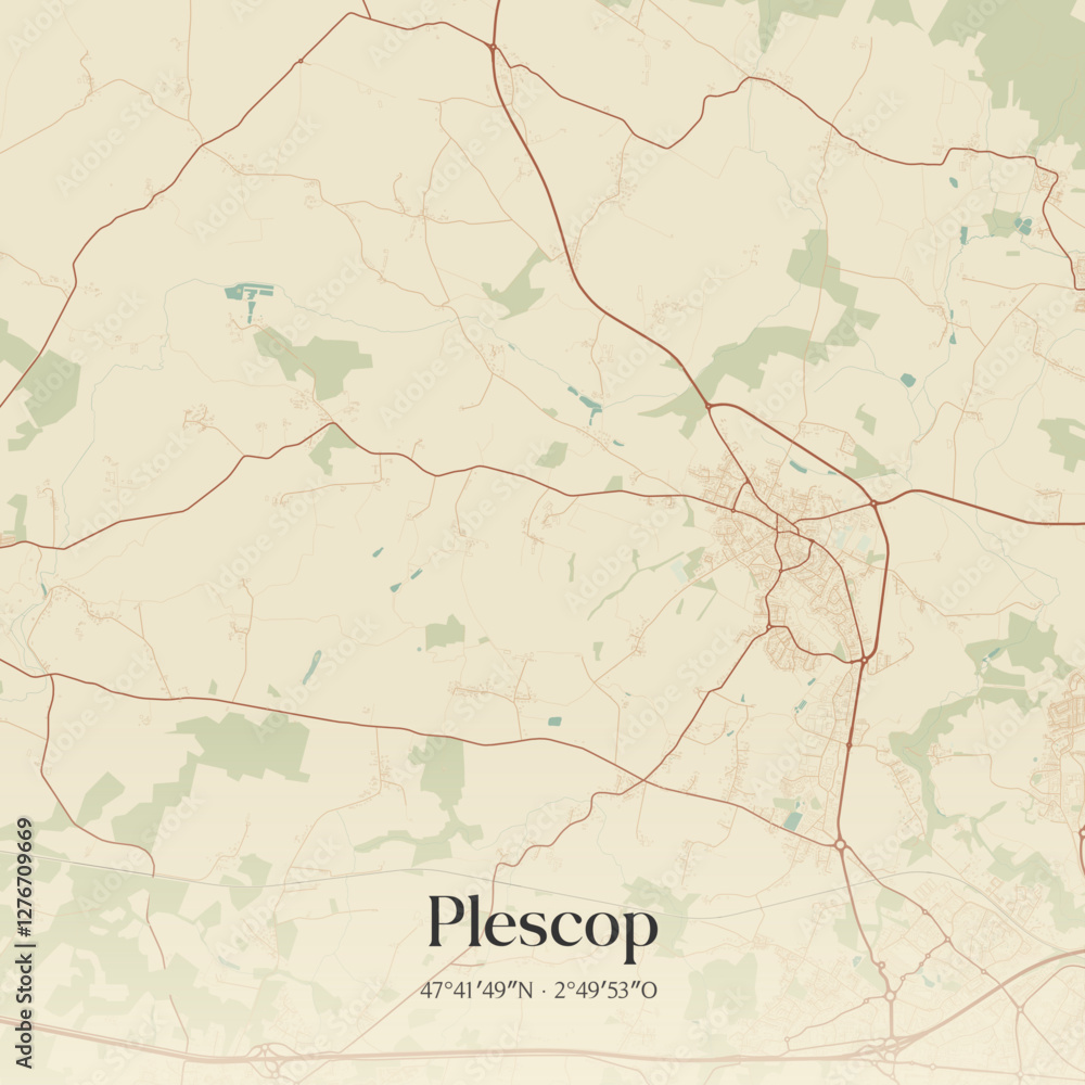 Fototapeta premium Vintage map of Plescop, France.