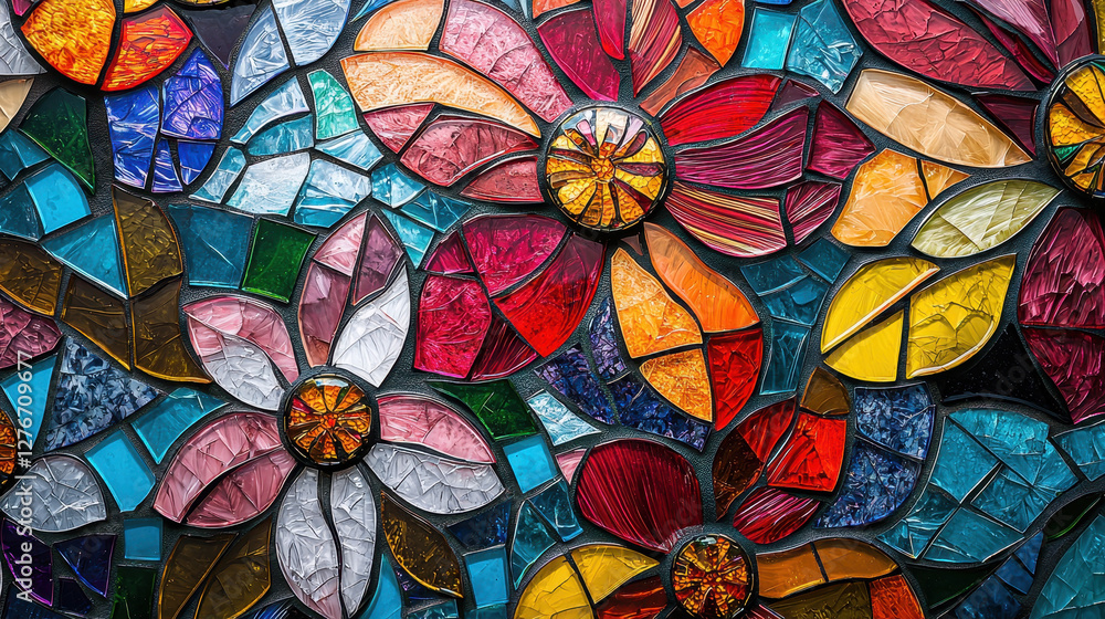 Colorful mosaic collage featuring vibrant flowers and leaves Colorful mosaic collage featuring vibrant flowers and leaves