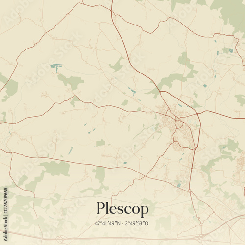 Vintage map of Plescop, France.