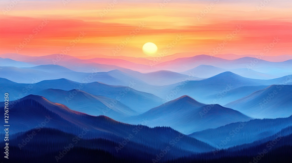 Obraz premium Mountain range sunset vista, vibrant colors, hazy atmosphere