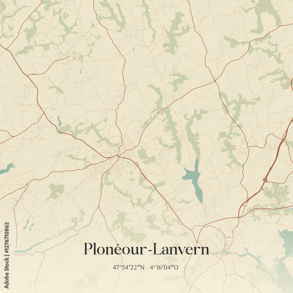Fototapeta premium Vintage map of Plonéour-Lanvern, France.