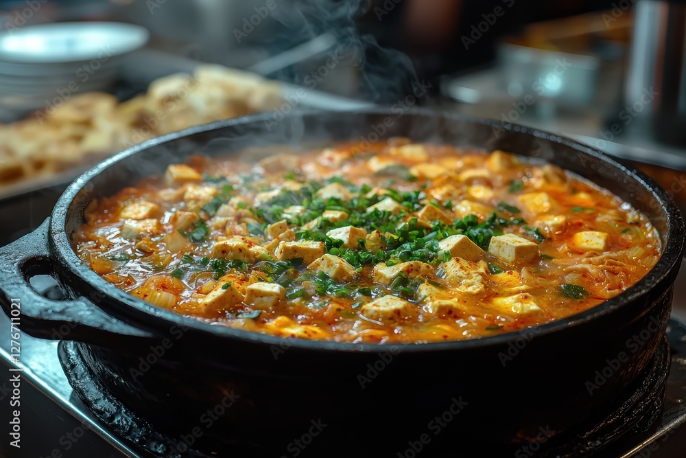 Steaming hot korean kimchi jjigae restaurant food photography korean cuisine close-up flavorful experience Steaming hot korean kimchi jjigae restaurant food photography korean cuisine close-up flavorful experience