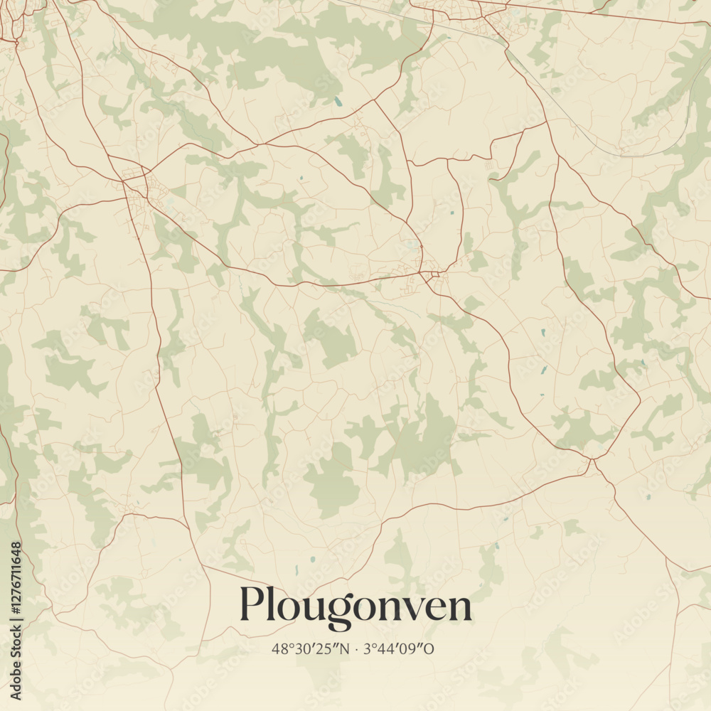 Fototapeta premium Vintage map of Plougonven, France.