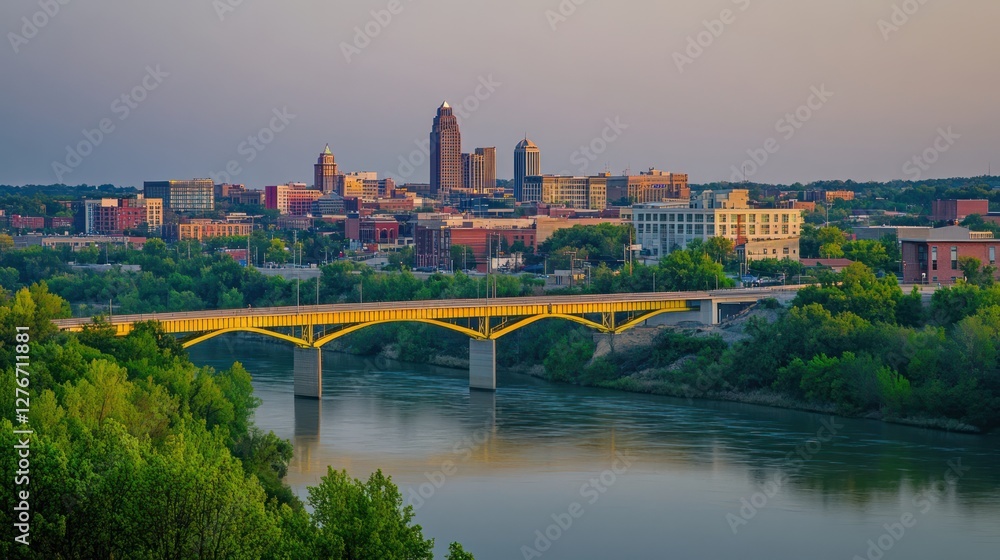 Fototapeta premium Scenic city skyline at sunset with river and bridge