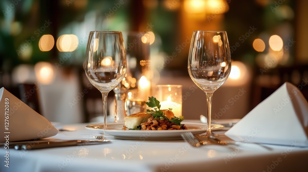 Elegant Dining Setup with Fine Glassware and Candlelight Ambiance Elegant Dining Setup with Fine Glassware and Candlelight Ambiance
