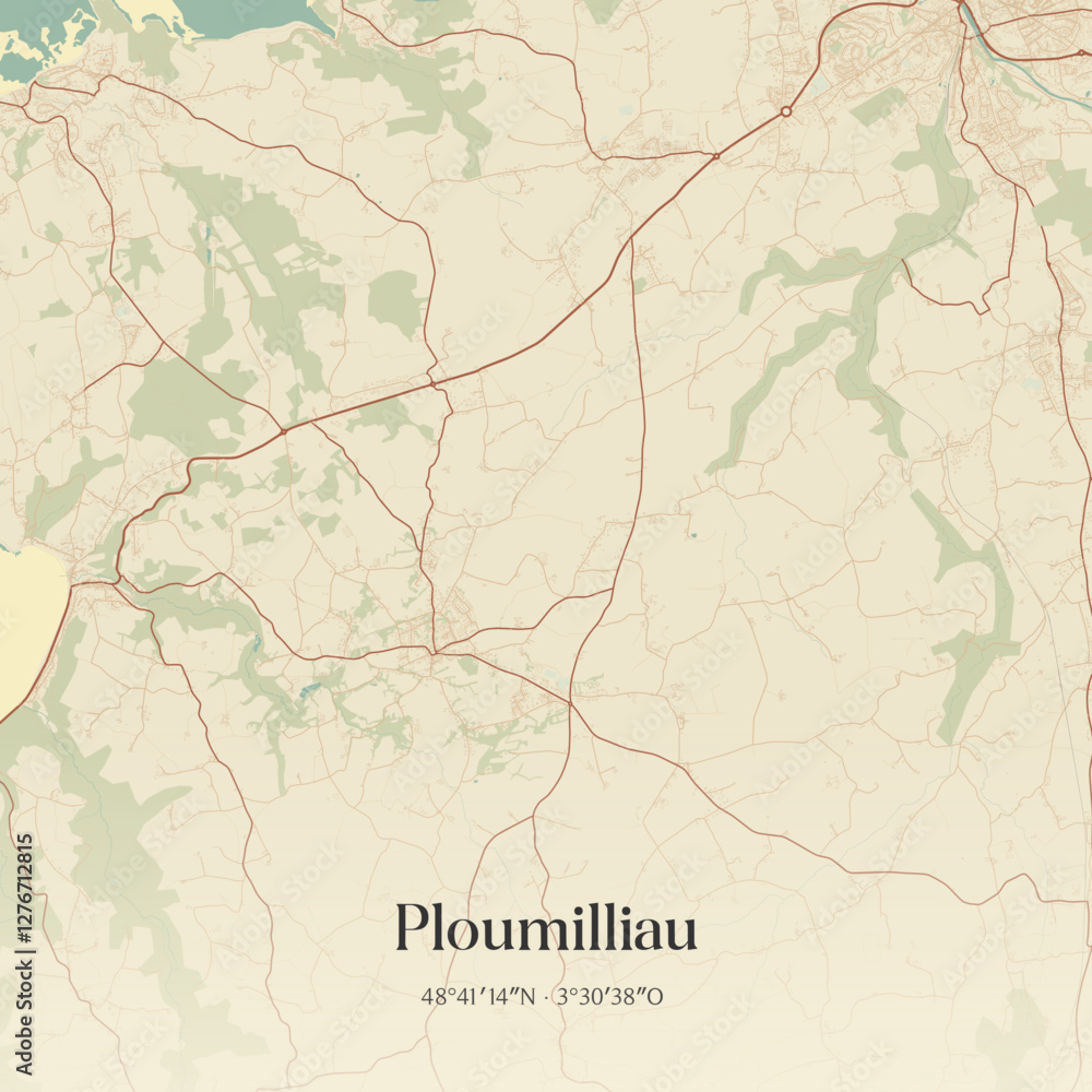 Fototapeta premium Vintage map of Ploumilliau, France.