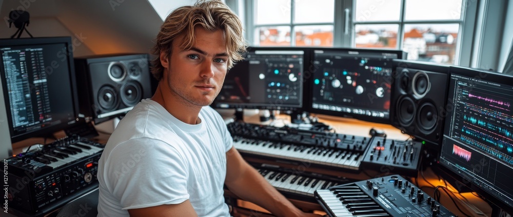 A long-haired man with a beard is seated in front of a soundboard A long-haired man with a beard is seated in front of a soundboard