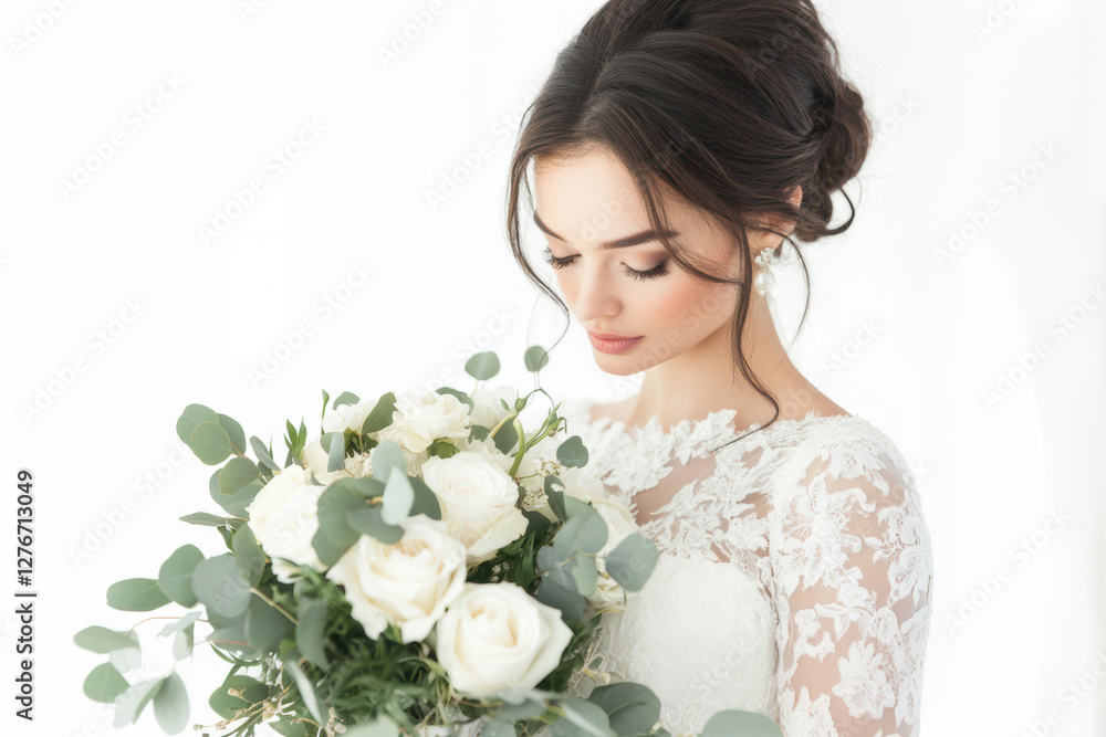 Beautiful bride holding a bouquet of white roses with greenery against a light background in a serene moment before her wedding Beautiful bride holding a bouquet of white roses with greenery against a light background in a serene moment before her wedding