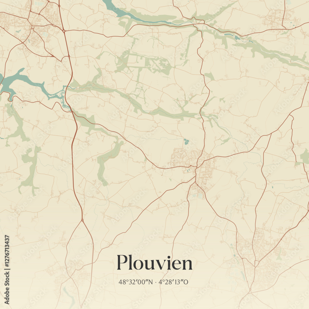 Fototapeta premium Vintage map of Plouvien, France.