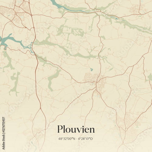 Vintage map of Plouvien, France.