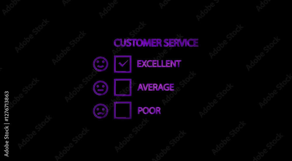 Glowing Customer Service Review on emoji or Emotion and Square Check List animation on black color background.